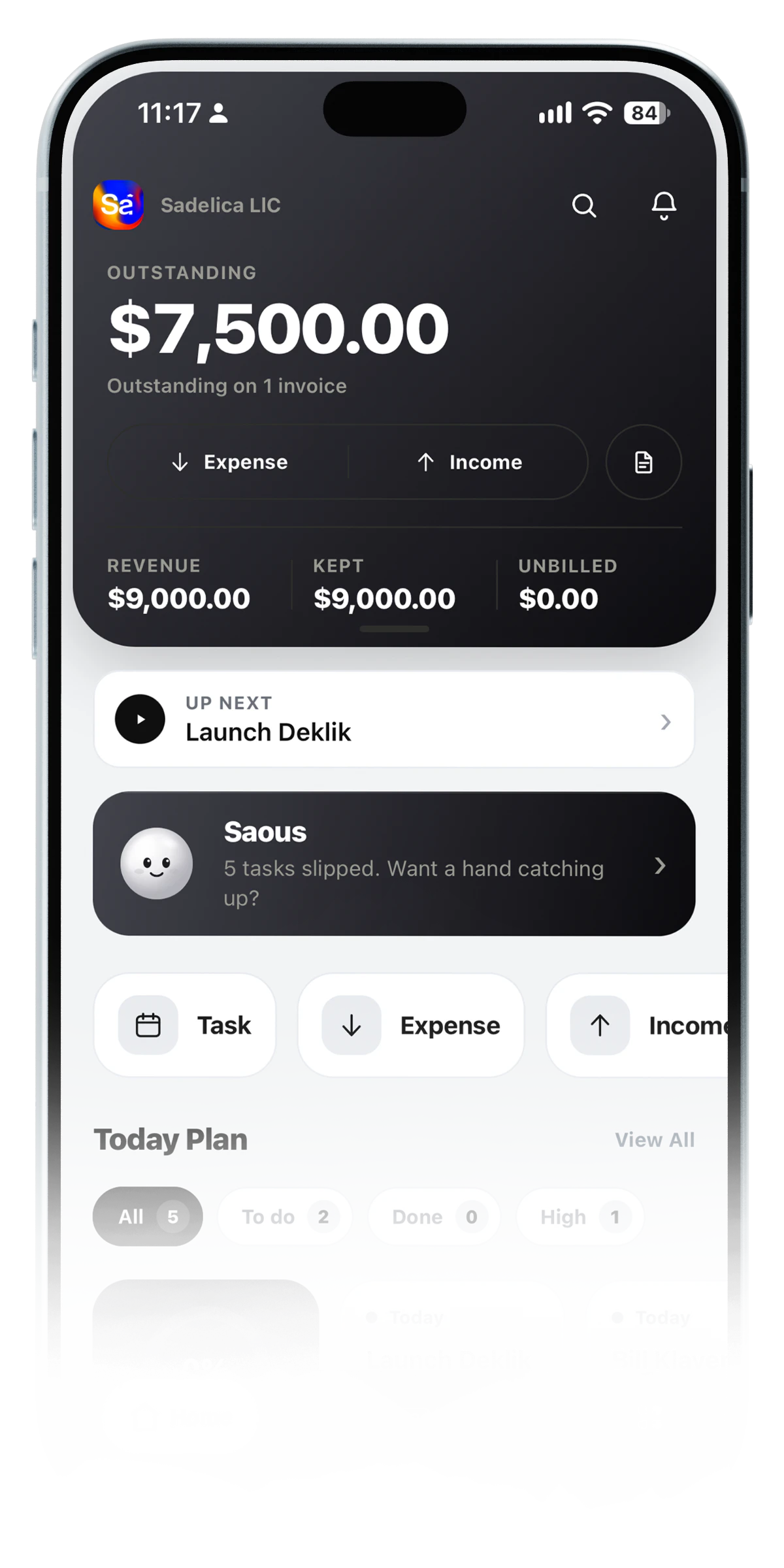 The business side of Deklik: what clients owe, with income and expenses.