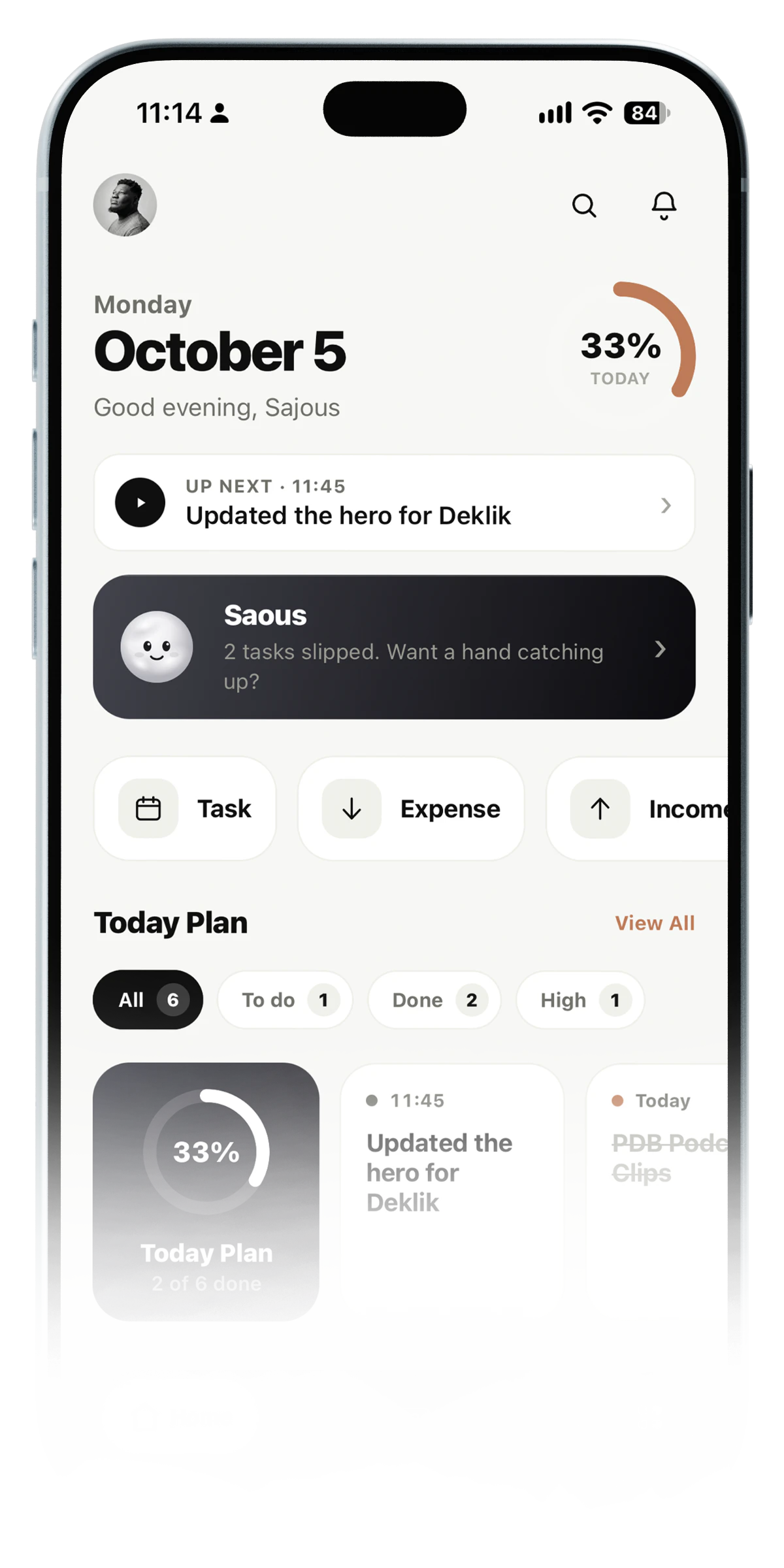 The Deklik home screen: today's plan, habits and quick actions.
